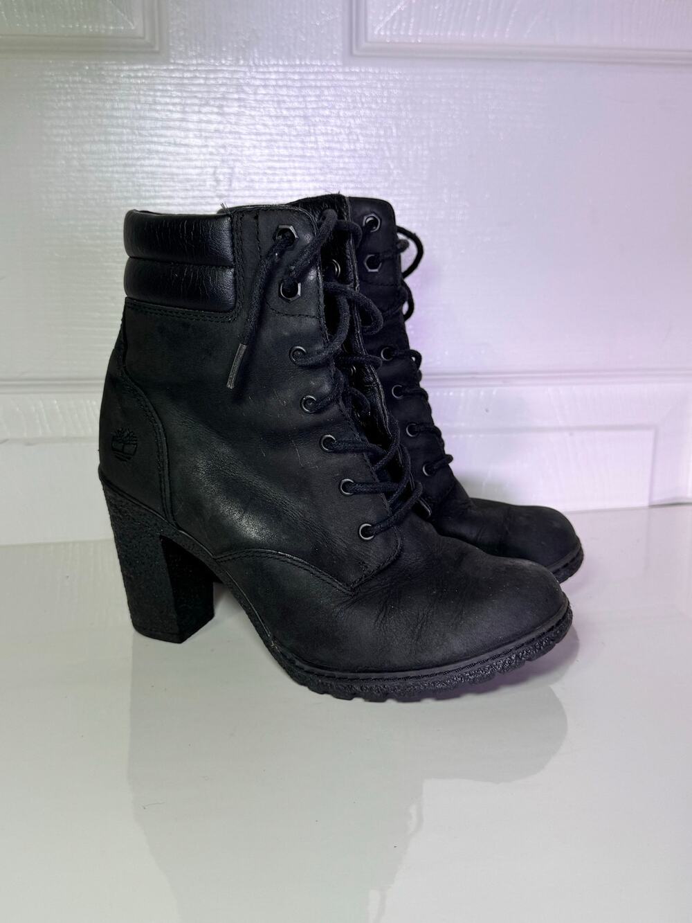 Timberland Tillston Black Leather Lace Up Block Heel Boots Size 6 (A1H11)